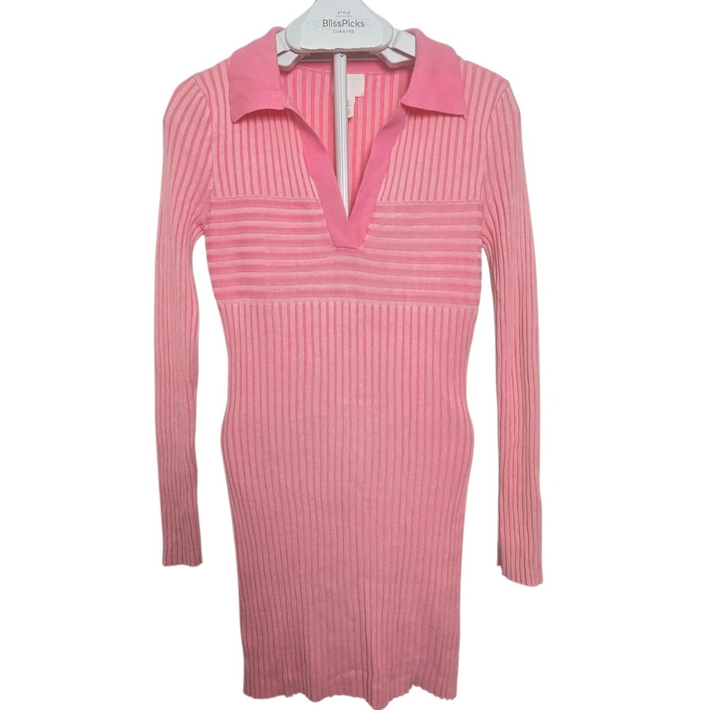 H&M Ribbed Knit Bodycon Mini Dress‎ M Long Sleeve Pink Barbiecore Womens Fitted